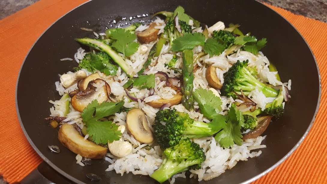 Broccoli, Asparagus, Mushroom Rice with Caramelized Onions and Cashews