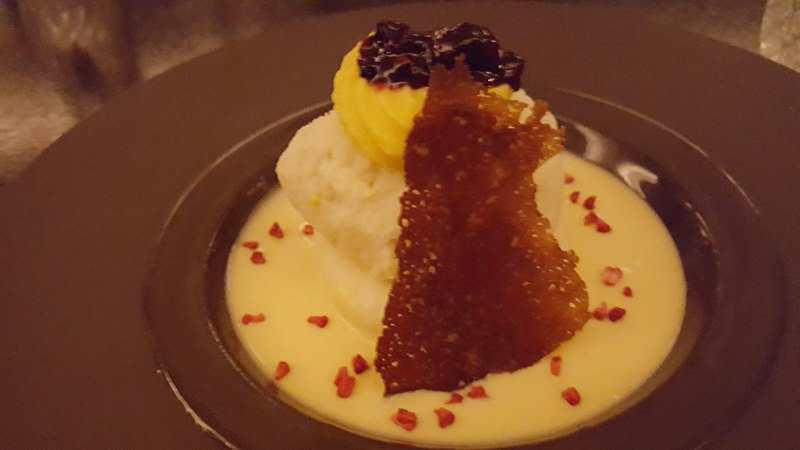 Mango Rasmalai alphonso mango pulp, mixed berry chutney & wheat biscuit base