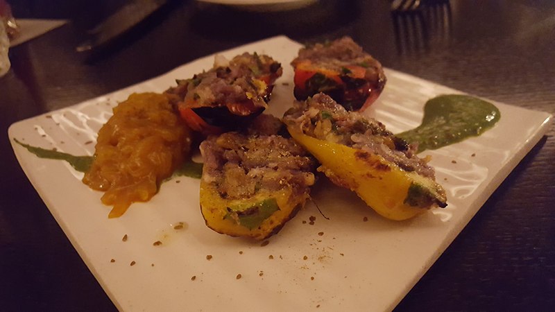 Bharwan Mirchi paneer-stuffed sweet peppers, chopped purple potato & Indian mustard Javamar London Review dontask4salt