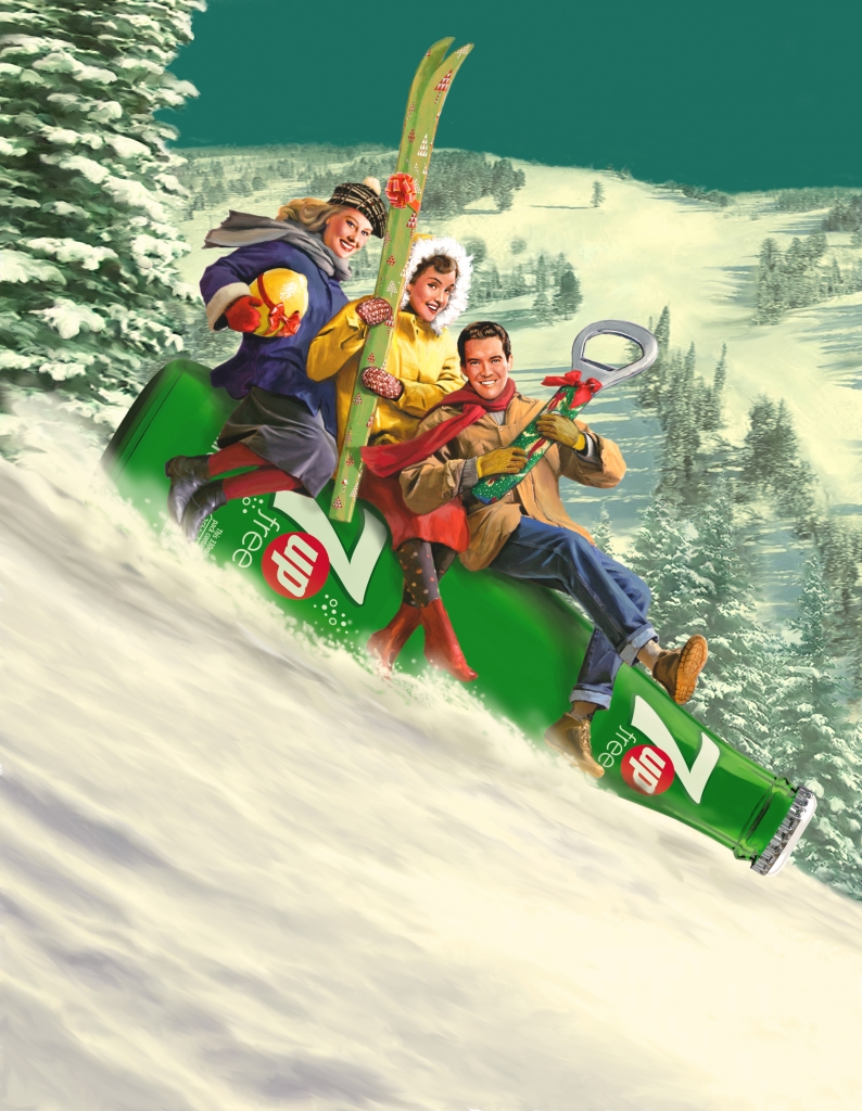 Retro illustration of three people on a 7up bottle