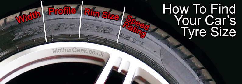 How to find your tyre size choosing the right tyres - Diagram showing the writing on the side wall of a car tyre.