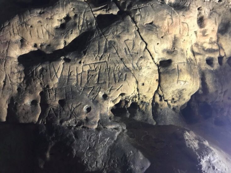 Apotropaic marks, aka 'witch markings', found at Cresswell Crags. Photo by Ryan Heath.