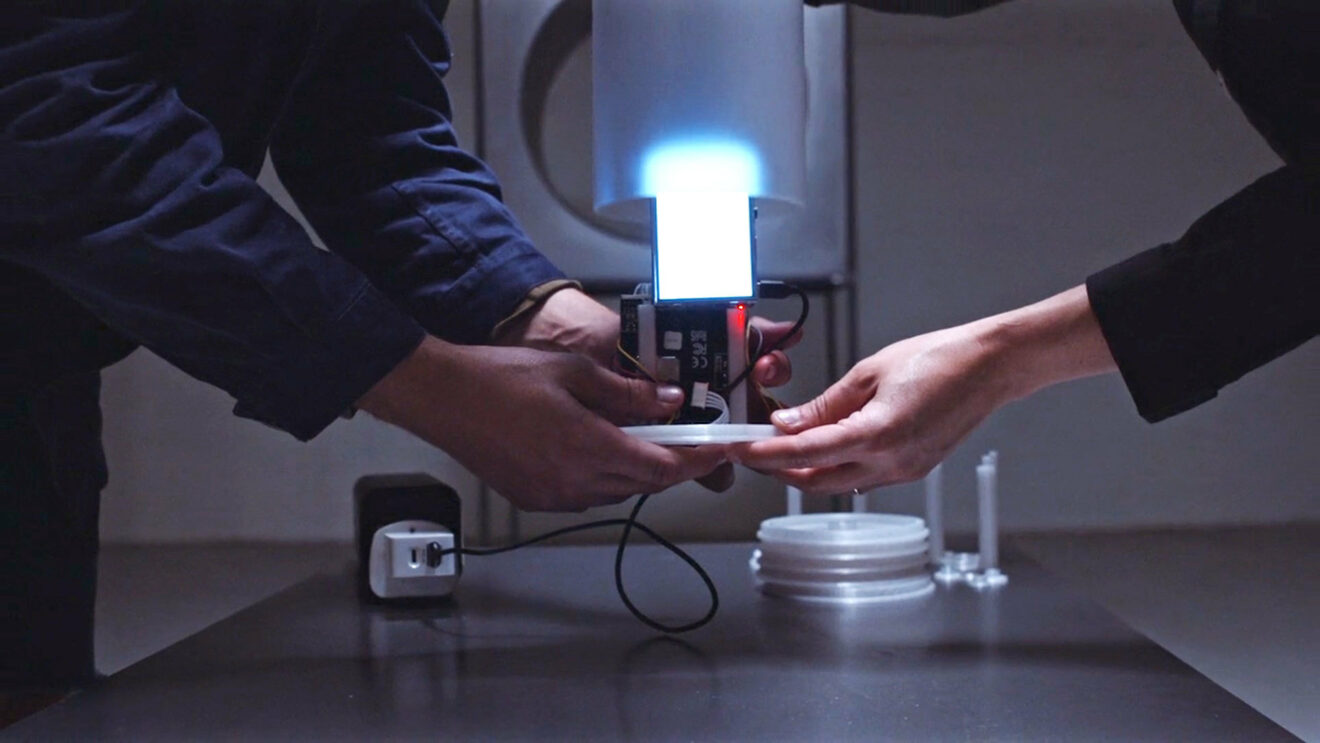 The Atmo Sensor at the heart of the physical sculpture which captures live air pollution data. Video Still. Credit: Joseph Ollman, Sam Travis