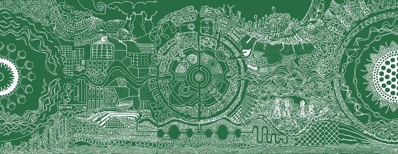 A blueprint map illustration representing meaningful local greenspaces and data collected through the Hello Nottingham project.