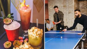 A Manchester bar is giving away free drinks to anyone who beats the bartender at ping-pong or darts