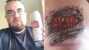 Man gets huge Stella Artois tattoo on head to show off his love for the beer