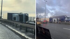 Lorry overturned on M60 Barton Bridge in storm Pia chaos
