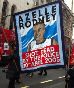 Banner for the Azelle Rodney Campaign for Justice at the 2012 annual United Families and Friends procession to remember those that have died in custody