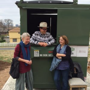 Barbara Harlow (left) with Dr Jeff Wilson and Liz Fekete at Huston-Tillotson University, East Austin