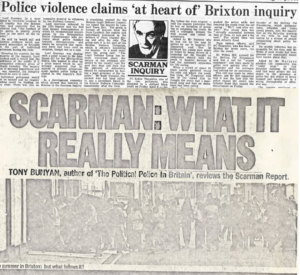 Headlines reviewing Scarman report from The Guardian and City Limits 1981