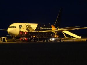 A plane gets ready to deport refugees to west africa in 2015 credit: James Bridle