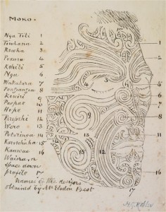 Annotated sketch of moko meaning from a mokomokai, by Robley (from Te Papa) Drawing of Mokomokai meaning by Robley