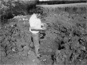 The late Dr J L Gower, of Surrey Archaeological Society, inspecting damage at the Wanborough site. Image courtesy of M Gower. Wanborough Late Dr J L Gower inspecting site damage courtesy Marion Gower