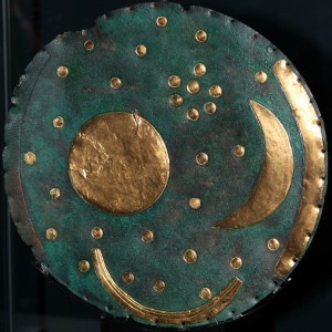 The Nebra Sky Disk, as displayed in Basel, Switzerland, in 2006. Image by Dbachmann Nebry by Dbachmann