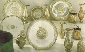 Selection of some of the Sevso Treasure, as exhibited in 1990, image by Sotheby's via Wikipedia. Sevso