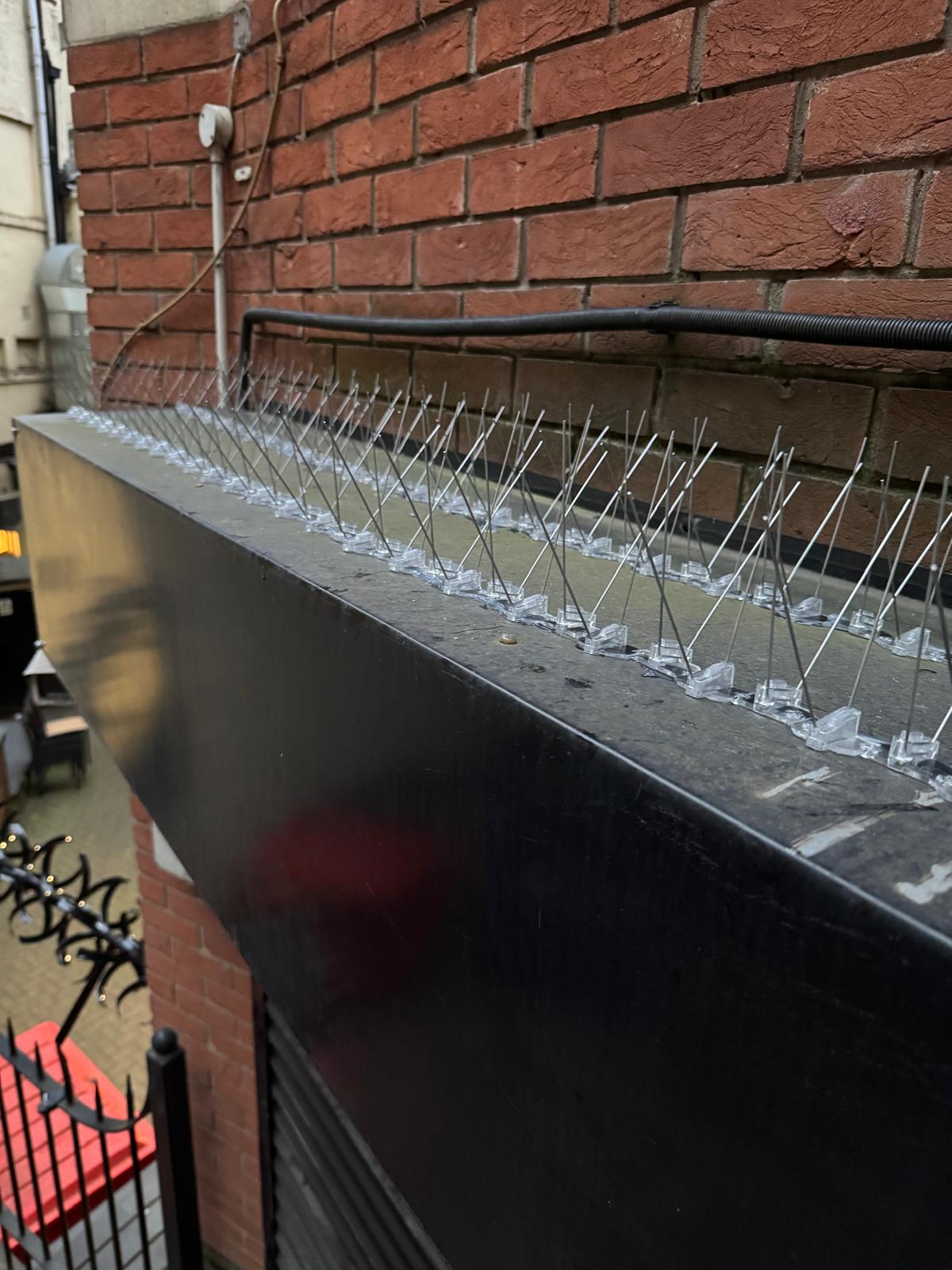 Bird spikes installed on roller door cover on commercial site by Apex Pest Control Yorkshire