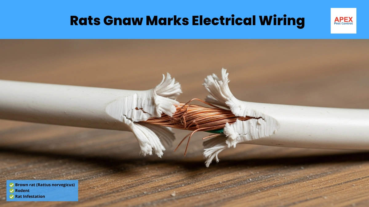 Rat gnaw marks on electrical cable showing fire hazard risk