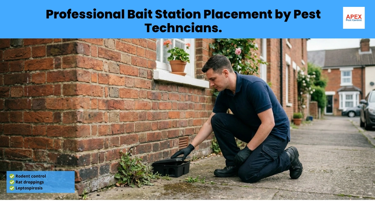 Apex pest control technician placing a rodent bait station at a Leeds property