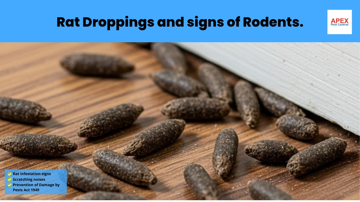 Rat droppings on floor against skirting board — evidence of a rat infestation