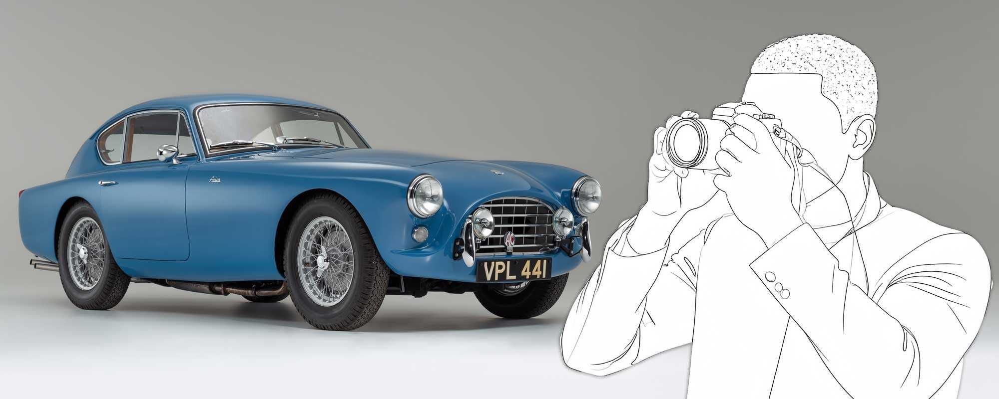 AC Aceca "Bluebird" outside the Lakeland Motor Museum with a superimposed photographer on top