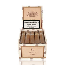 An open box of Buenaventura Petit Claro showing the cellophane wrapped petit Robusto cigars