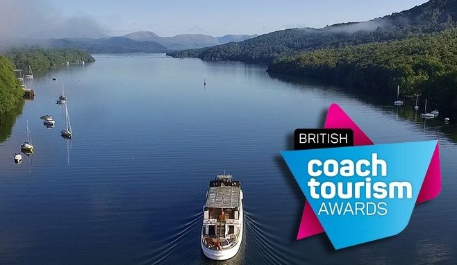 Steamer MV Swan traveling north on Lake Windermere with the Coach Tourism Awards logo.