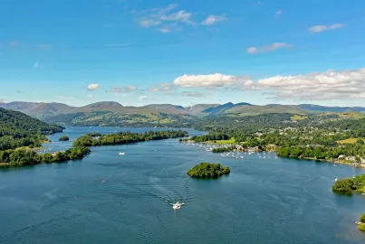 An aerial photogaph taken above Bowness (half way up Windermere), looking north towards Ambleside.