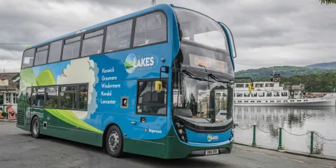 A stagecoach bus and 'steamer' at Ambleside (Waterhead) Pier