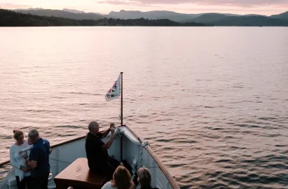 A sunset view from the bow of MV Teal