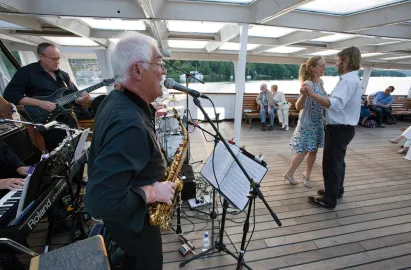 The upper deck seating can be moved to create a dancefloor