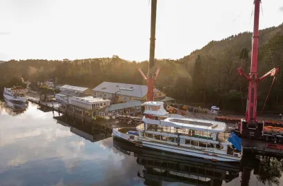 MV Swift being lowered into Lake Windermere for the 1st time in January 2020