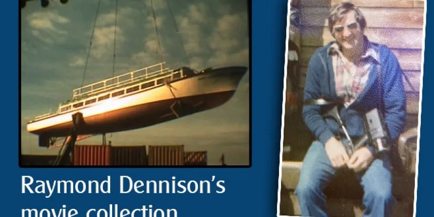 A still footage of one of Raymond Dennison's movies plus an old photograph of Raymond plus the text saying "Raymond Dennison's movie collections"