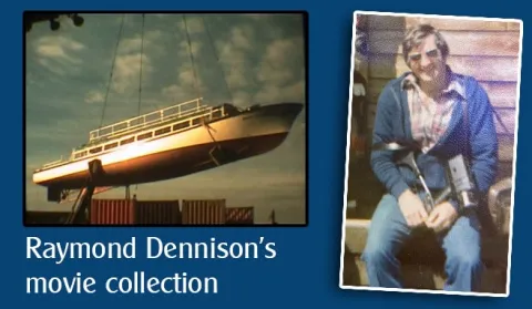 A still footage of one of Raymond Dennison's movies plus an old photograph of Raymond plus the text saying "Raymond Dennison's movie collections"