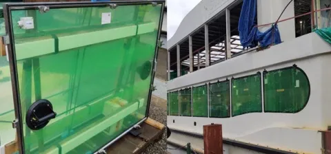 MV Swift being built at Lakeside in March 2020: Glazing being fitted