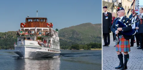 (Left) MV Swan on Windermere. (Right) Bagpiper Richard Cowie