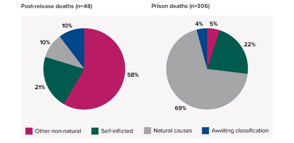 Breakdown of categories for PRD's Other non-natural 58% Self-inflicted 21% Natural causes 10% Awaiting classification 10% Comparison of above to all prison deaths in same time range Other non-natural 5% Self-inflicted 22% Natural causes 69% Awaiting classification 4%