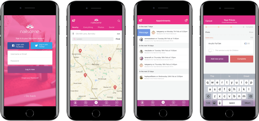 App screens on four mobile devices