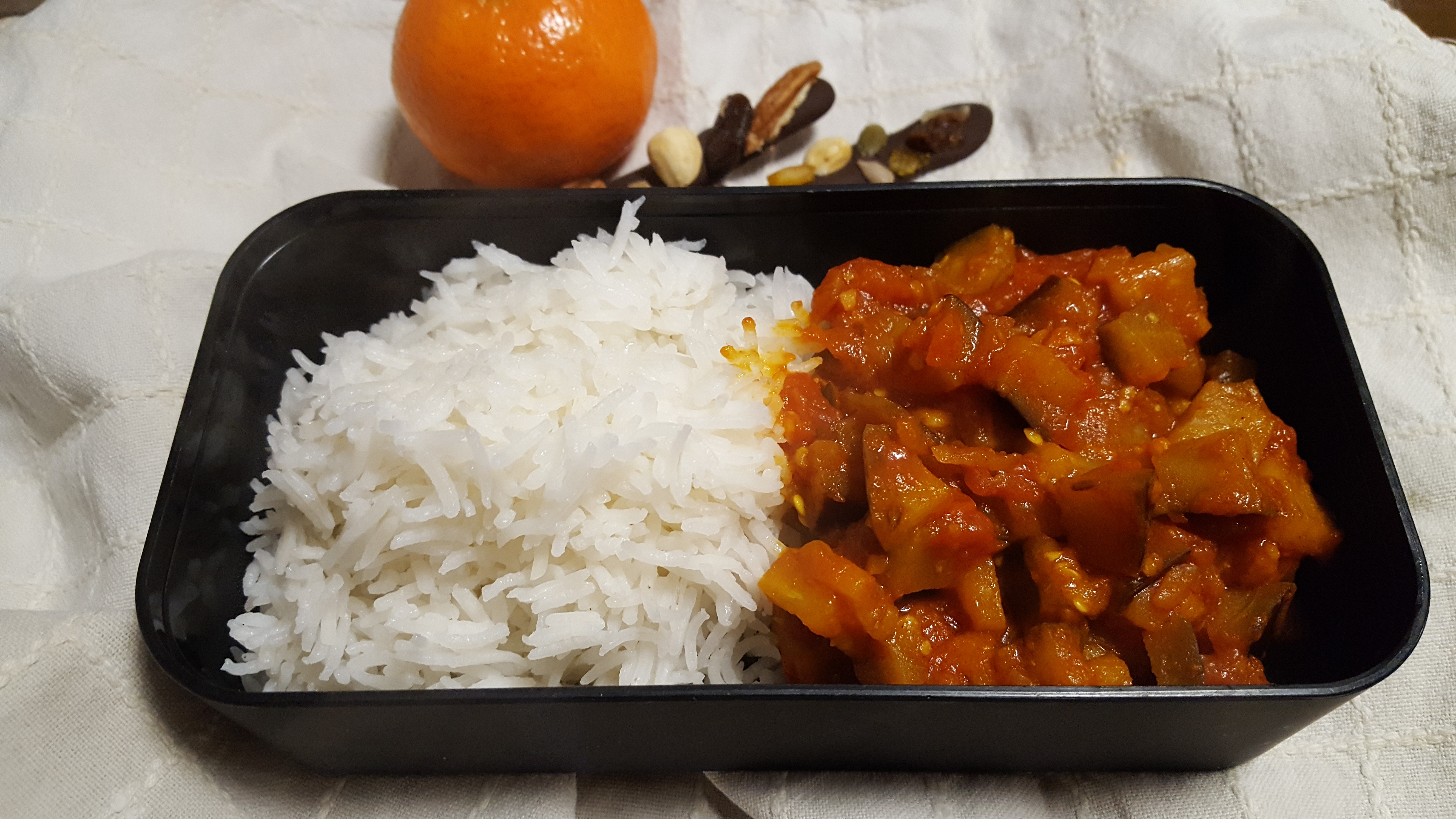 Aubergine & Tomato Stew with basmati rice - Lunch box ideas