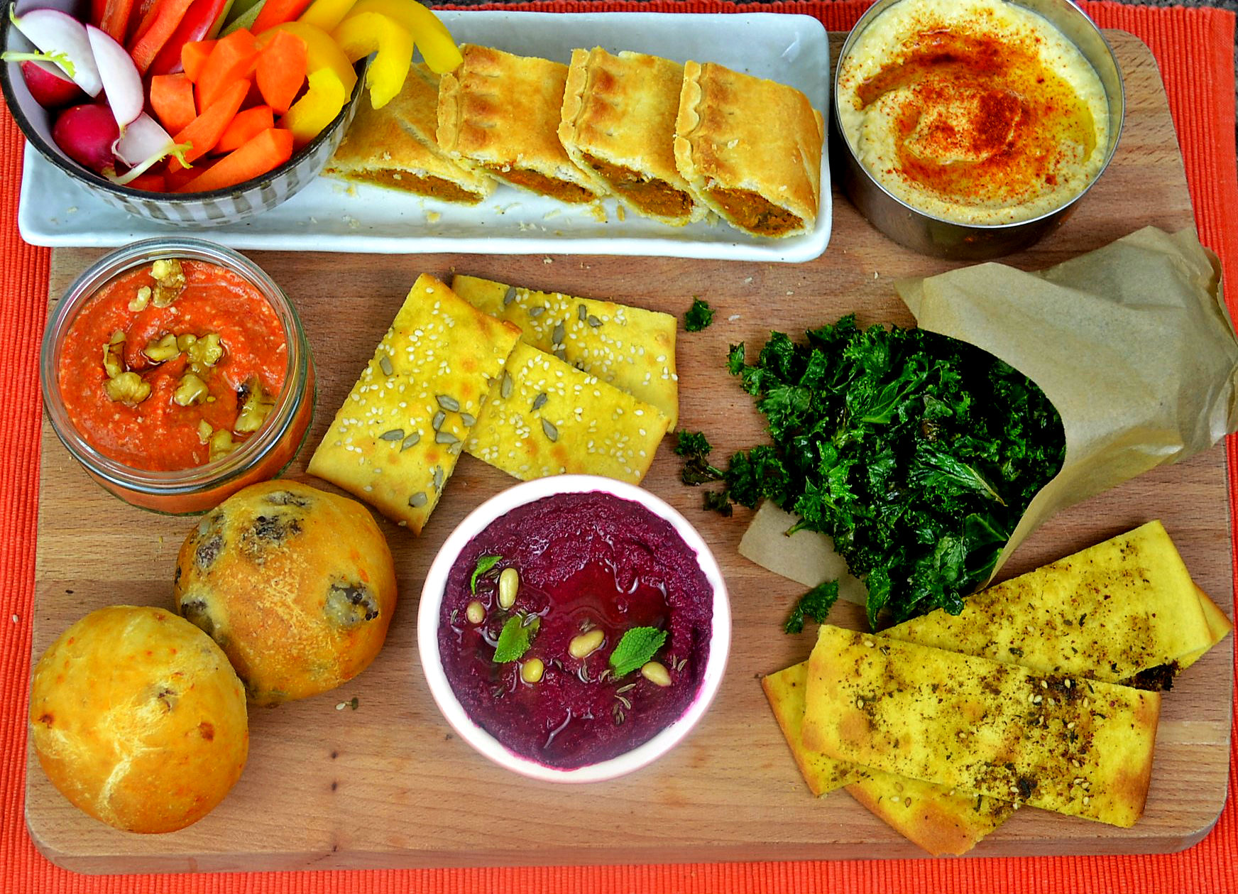 Vegetarian Snacks Platter | Bread, Crackers, Pastries and Dipping Sauces