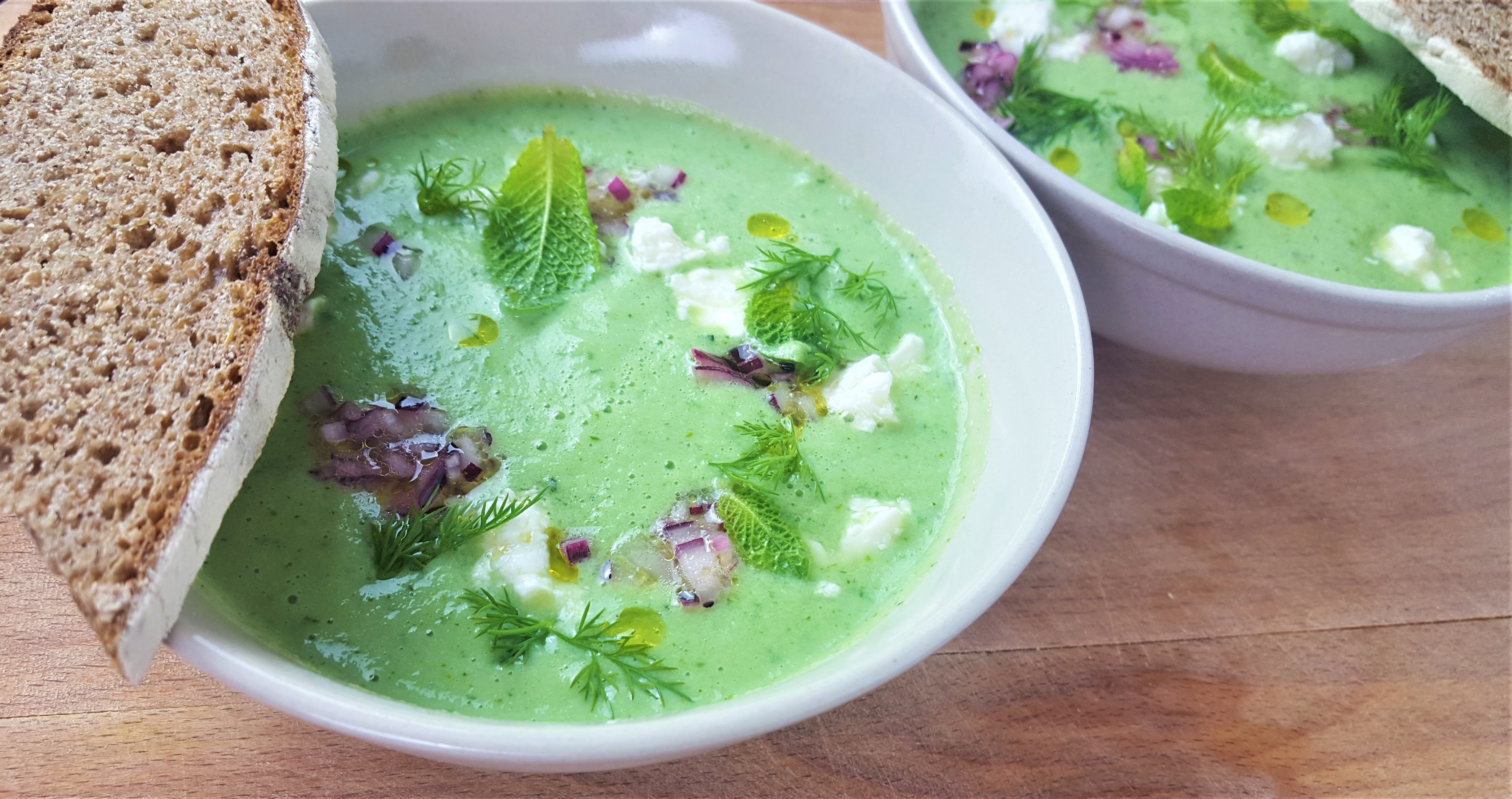 Chilled Cucumber Dill Mint Soup with Feta and Red Onion
