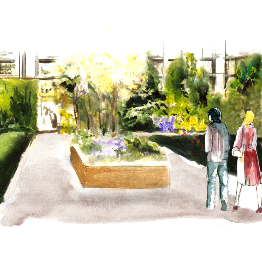 Crop of an illustration of a green area with a woman and man walking