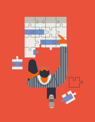 Illustration of a man putting together a jigsaw