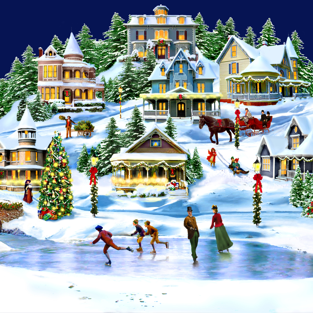 Vintage illustration of a Victorian Christmas town