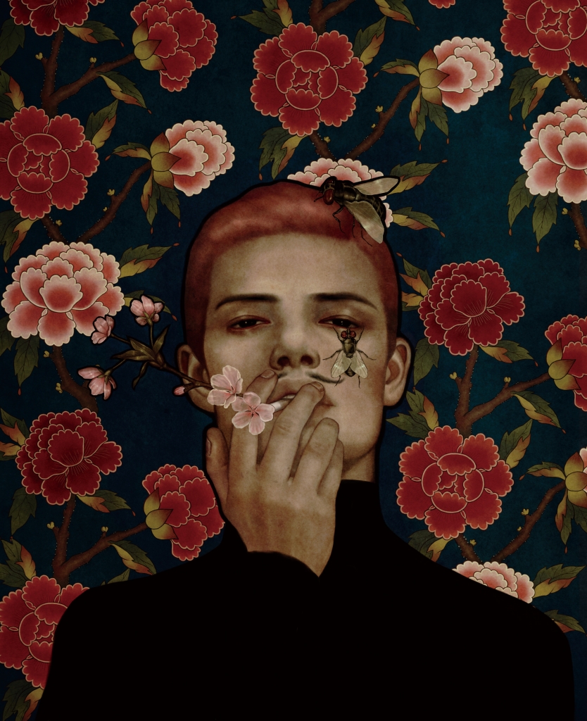 Dark portrait illustration of a man stood infant of a flowery wallpaper design