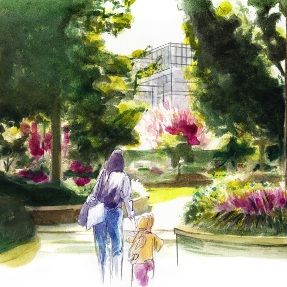 Crop of an illustration of a green area with a woman and child walking