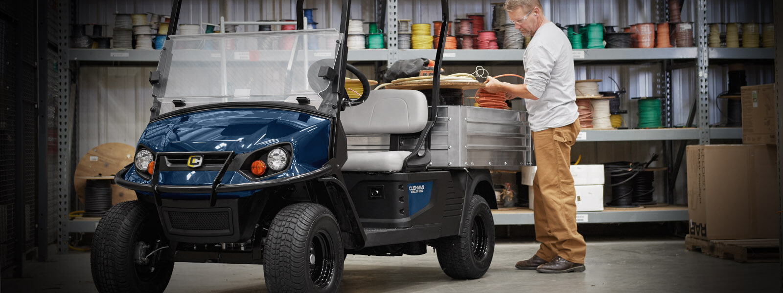 Cushman Hauler Pro in blue at workshop