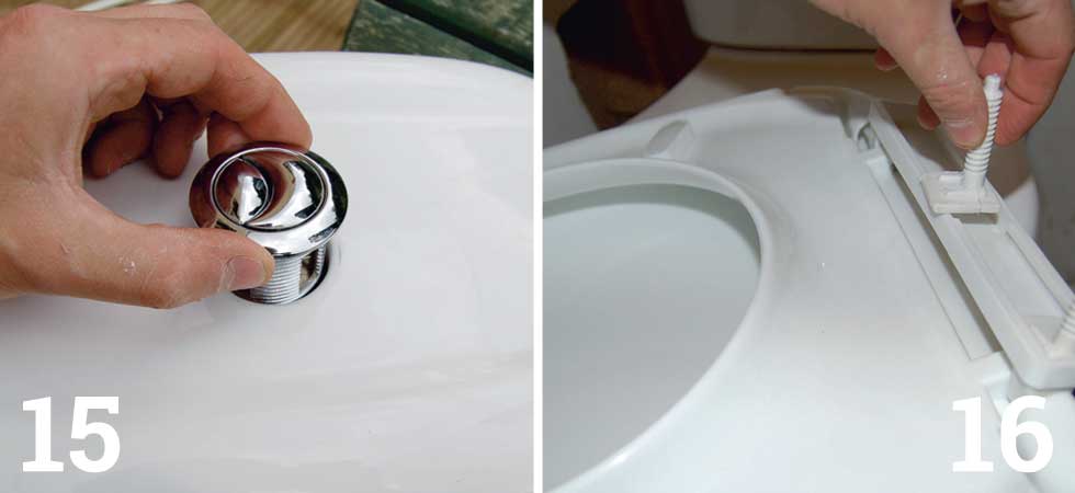 Push the flush button through the cistern lid; Assemble, fit and tighten the toilet seat