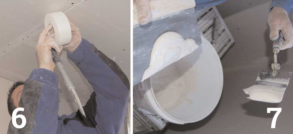 Once all the boards are in place, tape over them with perforated plasterboard tape; Mix up the joint filler so that it makes a smooth, but fairly stiff paste