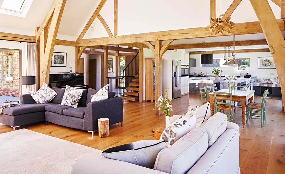 Living kitchen diner space in oak frame home