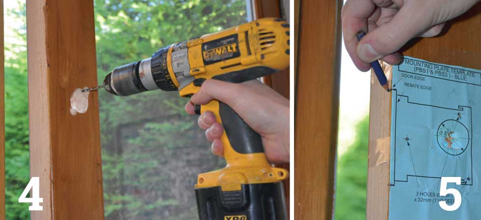 Drill right through the centre of the 13mm holes with an 8mm drill bit; Mark off the mounting plate’s holes and rebate position